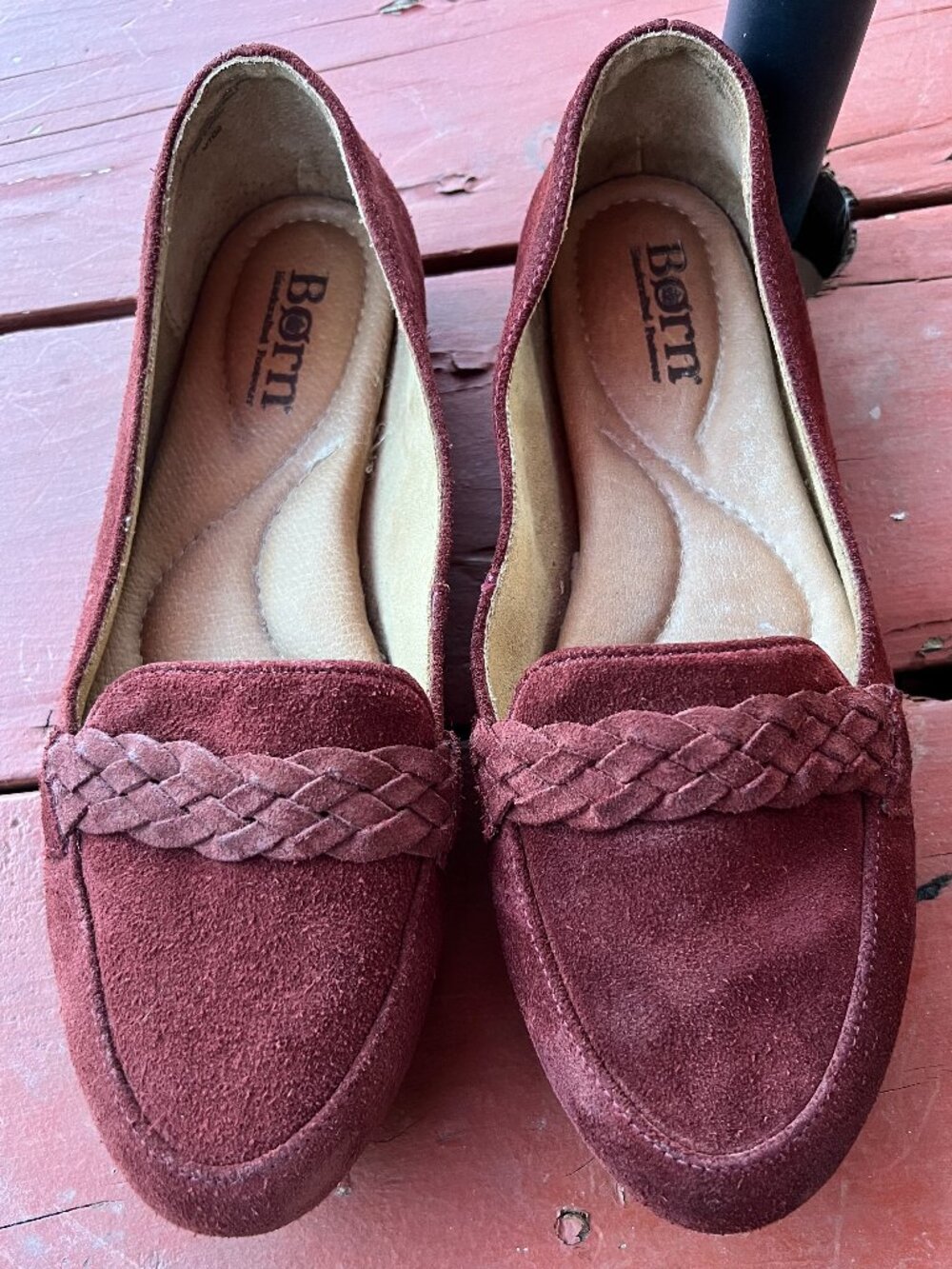 Born Burgundy Suede Braided Loafer Flats Comfort Slip On Shoes Size 8.5